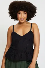 Black Peplum Top Sleeveless Broderie