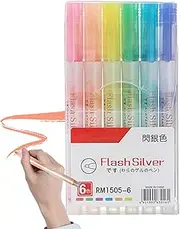 Highlighters Aesthetic - 6X Oblique Tip Highlighters, Supplies, Glitter Gel Pens, Thin Pastel Highlighter Set for Kids