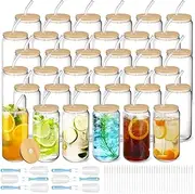 Drinking Glasses Cups with Glass Straw and Bamboo Lids - 16oz Beer Can Shaped, Iced Coffee Tumbler Clear Cup for Cocktail, Whiskey, Cola, Juice, Soda, Tea, Water | Gift Set Family Party Bar ﻿ (36pcs)