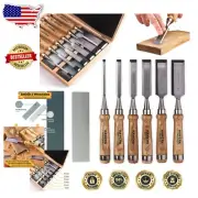 Professional Wood Chisel Set with Wooden Case - 6 Chisels & 2 Sharpening Stones
