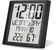Staright Digital Wall Clock with Temperature & Humidity 8.6'' Large Display Time/Date/Week Alarm Clock & Snooze ℃/℉ Selectable Indoor Thermo-hygrometer Accurate Weather Monitor for Home Office (Black)