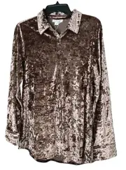 Womens 8/10 S/M Simply Noelle Brown Crushed Velvet Button Front Long Sleeve Top