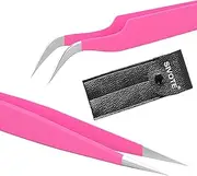 Sivote Eyelash Tweezers, 2-Pack, Hand Calibrated Straight and Curved Tips, Stainless Steel Lash Tweezers for Eyelash Extensions, Pink