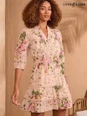 Love & Roses Pink Floral Print Dobby V-Neck Belted Short Sleeve Mini Dress (AW8876) | $150
