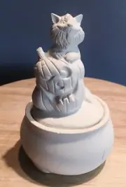 Cat & Jack-O-Lantern on a Cauldron Jar- Halloween Unpainted Molded Ceramics