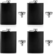 Tebery 8 oz Stainless Steel Black Hip Flask Set Leakproof Flask with Free Bonus Funnel Great Groommans or Bridal Wedding Gift, Set of 4