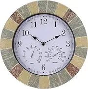 14 Inch Large Outdoor Wall Clock, Vintage Resin Garden Wall Clock with Thermohygrometer, Silent Battery Powered Outdoor Decorative Clock