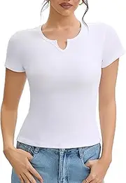 [BJY] Cotton Ribbed V Neck Slim Fit Short Sleeve Baby Tees for Women, Plain T-Shirt，Basic Tee Shirt, Casual Going Out Tops, White, Medium