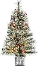 Costway 90 CM Artificial Entrance Christmas Tree, Pre-lit Potted Xmas Tree with 125 Branch Tips, Pine Needles, 50 Warm White LED Lights, 104 Red Berries, Seasonal Decoration Tree for Home Porch (1)
