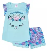 Lola Girls Pajamas Set Blue/Purple 4-5 2 Pieces Top Shorts Cat Purr-maid Graphic