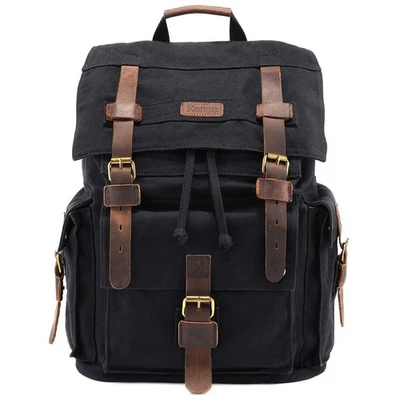 Men’s Leather Canvas Backpack Large School Bag Travel Rucksack Black