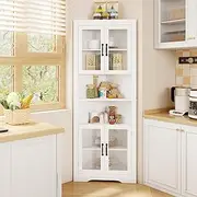 Giantex 171 cm Tall Corner Cabinet, Space-Saving Triangular Bathroom Cabinet w/ 4 Tempered Glass Doors, Freestanding Storage Pantry Hutch Cabinet