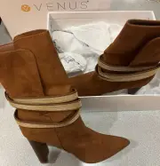 Venus womens booties- Camel/caramel Suede Psuedo-leather W/Gold Trim Belt Buckle