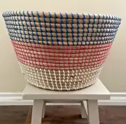 NWT Round Woven Basket Natural Seagrass Multicolor Accents, 16" Diameter