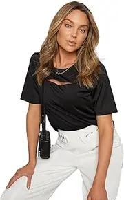 [Rockmans] Womens Summer Tops - Black Tshirt/Tee - Smart Casual Clothing - Relaxed Fit - Short Sleeve - Scoop Neck - Regular - Fashion Work Wear S