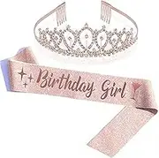 Birthday Crown and Sash for Women Rose Gold Birthday Girl Sash & Rhinestone Tiara Set Party Decoration Headband for Girl Glitter Crystal Hair Accessories