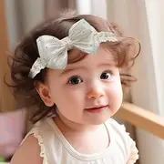 [Rannyrena] Lace Bow Baby Girl Headband Cute Gauze Bow-Knot Hair Band Elastic Turban Head Wrap Soft Lace Rhinestone Crystal Hair Accessory for Newborn Infants Toddler (Off white, Standard size)