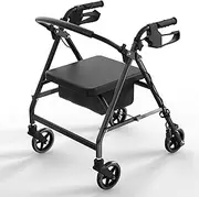 Oppsbuy Rollator Walker, Lightweight 4-Wheel Foldable Mobility Aid with Brakes and Seat Basket, Large 6-inch Wheels, Adjustable Height Rolling Walker Compact Mobility Device Supports up to 136kg, Black