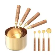8 Pcs Stainless Steel Measuring Cups and Spoons Set w/ Wooden Handle for Kitchen