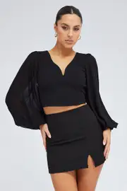 Black Crop Top Long Balloon Sleeve Backless Plunge Top - Size 14, Women's Crop Top