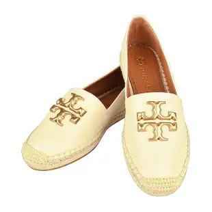 【TORY BURCH】Tory Burch ELEANOR ESPADRILLE 金色LOGO 山羊皮拼接草編鞋(女款/米)