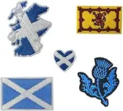 Set of 5 Scotland Embroidery Patch Iron on or Sew on Embroidered Motif Transfer Scottish Flag map Heart Thistle Scottish Lion