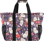 [sanluoli] Large Tote Bag For Women Collapsable Beach Bag Sandproof Canvas Canvas Laundry Bag, Bohemian White Cats Flowers, 1 size