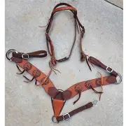 New Western Brown Color Roping Leather Breast Collar w/Conchos & Browband Bridle