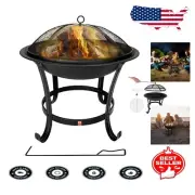 Heavy Duty Fire Pit BBQ Grill Bowl with Safety Spark Screen, Poker - 22 Inch