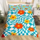 Daisy Flowers Comforter Cover,Abstract Blue Plaid Geometry Duvet Cover for