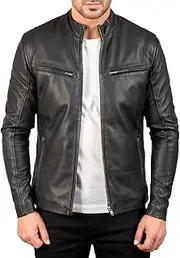 Men's Biker Leather Jacket 100% Genuine Sheepskin - 4 Outer Pockets, YKK Zipper, Polyester Lining, Lightweight & Durable - Ideal for Motorcycle Riders - Black