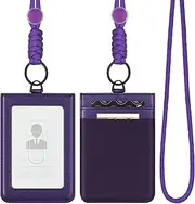 VULKIT ID Badge Holder with Lanyard for Women and Men Vertical Leather Badge Holder with Clear ID Window Card Holder Slot and Money Pocket Purple