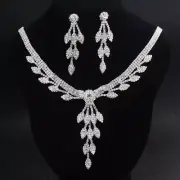 Glitter Silver Rhinestone Wedding Leaf Dangle Earrings Necklaces Jewellery Set