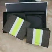 NWB Michael Kors Billfold Wallet Box Set Brown Neon Green 36H1LGFF1B Gift Bag F