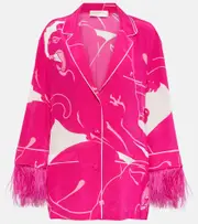 [Valentino] Valentino Feather-trimmed crêpe de chine blouse AU 12 pink