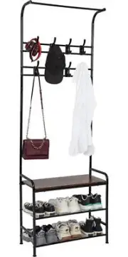 Entryway Coat Rack Shoe Bench 3-in-1 Hall Tree Storage Metal Frame Adjustable