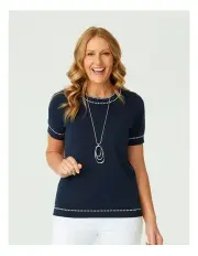 [Fella Hamilton] Peggy Contrast Stitch Short Sleeve Knit in Blue