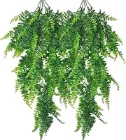 Artificial Plants Vines Ferns Fake Hanging Plant Faux Hanging Boston Fern Vine Plastic Greenery for Wall Indoor Outdoor Hanging Baskets Wedding Garland Décor (Boston Fern/2PCS)