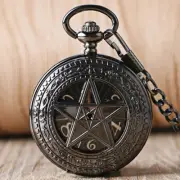 Men Exquisite Skeleton Pentagram Pocket Watch Mechanical Hand Winding FOB Chain