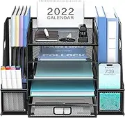 SUPEASY Mesh Desk Organizer with File Holder, 5-Tier Paper Letter Tray Organizer with Magazine Holder, Desktop Organizer and Storage with Drawer for Office Supplies Home or School, Black