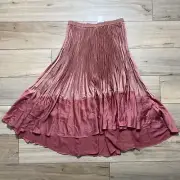 Club Monaco Women's Pleated Pull On Flounce Skirt Size Medium Pink High Low Hem