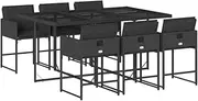 vidaXL 7-Piece Outdoor Bistro Set, Poly Rattan and Tempered Glass Table - Black Garden Dining Furniture with Cushions, Foldable Chairs