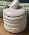 Pastel Pink White French Macaron Canister Cookie Jar 7" Ceramic Kitchen Whimsy