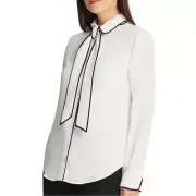 Contrast Piping Peter Pan Removable Tie Neck Button Front Blouse NWT PXS