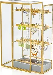 [Jajamy] Glass Earring Holder Organizer, Jewelry Organizer Earrings Holder with Hanging Hook, Glass Earring Display Box for Necklace Ring Storage