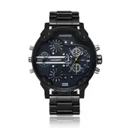 Large Dial Dual Time Zone Quartz Movement Wrist Watch For Men((Black Steel Band Blue Window)