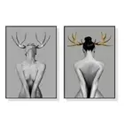 Wall Art 100cmx150cm Girl With Gold Horn 2 Sets Black Frame Canvas