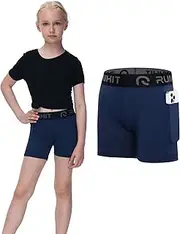 [Runhit] 4" Youth Girls Volleyball Shorts Spandex Girls Compression Shorts Biker Dance Kids Gymnastics Shorts with Pockets
