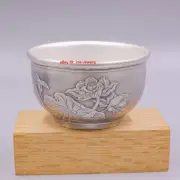 Solid 999 Fine Silver Small Tea Cup Heat Insulation Lotus Pattern Chinese Bowl