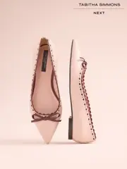 Pink Nude Tabitha Simmons x Next Emilia Leather Point Toe Bow Brogue Detail Ballerina (AR2659) | $186
